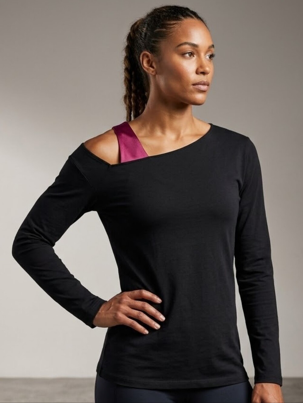 LYSSE Asymmetric Cold Shoulder Long Sleeve Top - Black & Burgundy Accent (Medium